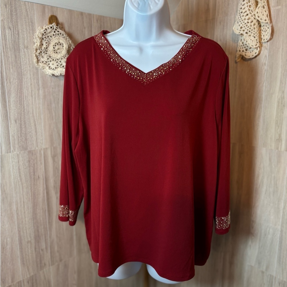 Croft & Barrow Red Gold Embellished V-Neck Blouse
